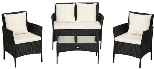 Outsunny Conjunto de Jardín Exterior de Ratán Sintético Juego de 4 Piezas Muebles de Jardín con Sofá de 2 Plazas 2 Sillones 1 Mesa de Centro con Encimera de Vidrio Templado y Cojines Crema y Negro
