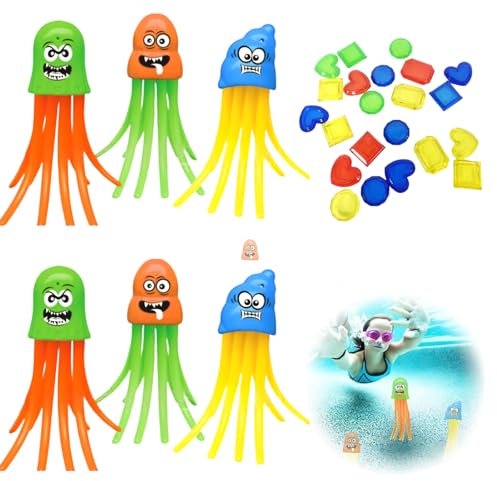 Generisch 7-Teiliges Tauchspielzeug Für Kinder, Set Mit Tauchtiere Für Kinder, Buntes Tauchspielzeug Für Schwimmbad Und Strand, Inklusive 6 Oktopus-Figuren Und 24 Plastik-Edelsteine