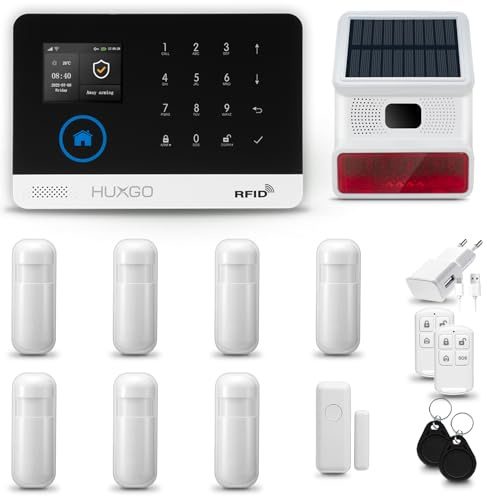 HUXGO® HXA003 Système d'alarme Maison WiFi + GSM 4G avec Sirène Solaire Radio | Kit Alarme avec 1x capteur de fenêtre, 7X détecteurs de Mouvement | Sécurité de la Maison avec alertes SMS