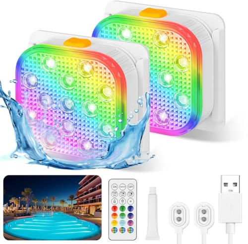 Vicloon LED Poollampor, 2 st uppladdningsbara LED nedsänkbara fjärrkontrolllampor, 6 lägen 16 färger RGB, IP68 vattentäta, för bubbelbad party SPA damm