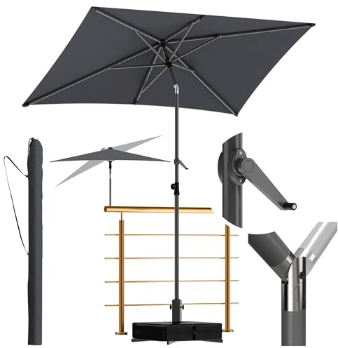 Menz Sonnenschirm anthrazit, 3er-Set, für Balkon, rechteckig 210 x 140 cm, mit Kurbel, knickbar & höhenverstellbar, für Garten & Terrasse, inkl. Sonnenschirmhalter (Ständer) & Sonnenschirmhülle