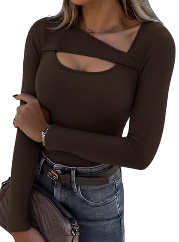 Aottori Long Sleeve Tops Womens Ribbed Cutout Neck Shirts Ladies Basic Pullover Jumpers Top Sexy Fitted Base Layer Underwear Tunic Tee Shirt