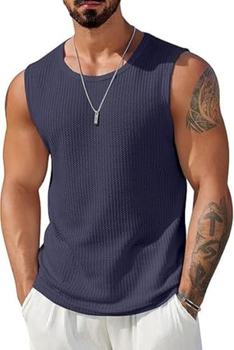 WINKEEY Mens Vest Sleeveless Plain Tank Top Men Casual Comfort Breathable Summer Training Workout Sports Vests Shirts for Mens UK,Navy Blue L