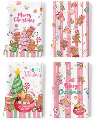 Arquiel Lebkuchen Geschirrtücher 100% Baumwolle 4er-Set 48 x 70 cm | Geschirrtücher aus 100% Baumwolle, Motiv: Weihnachten Lebkuchen; saugfähig und pflegeleicht zum Abtrocknen in der Küche.