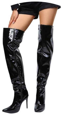 Hanraz Overknees Stiefel Damen Gothic Leder High Heels Lackstiefel Größe Festival Boots Thigh High Boots Lack Stiefelette Sexy Mit Absatz Damenstiefel Gr.37-43EU