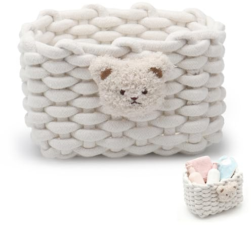 Aufbewahrungskorb Geflochten Baumwolle Strickkorb，mit Bärenmotiv Aufbewahrungskorb Weiß - Badezimmer Organizer，für Schreibtisch, Schminktisch, für Schränke,Bad,Küche (Weiß)