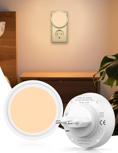TAVISDOR Nachtlicht Steckdose mit Dämmerungssensor - 2 Stück LED Steckdosenlicht, Warmweißes 3000K, Helligkeit Dimmbare,für Flur, Treppe, kinderzimmer, Schlafzimmer, Küche, Drinnen(Rund).
