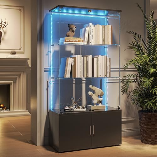 QMTXBYJ Vitrinenschrank mit LED Beleuchtung,78.5 x 35 x 164 cm Glasvitrine Stehend mit 2 Glastür und 2 Regalböden, Vitrine Hochschrank, Standschrank Bücherschrank Küchenschrank für Wohnzimmer Büro