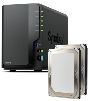 Synology DS225+ 24TB Bundle - Disco duro (2 discos duros de 12 TB y 2 bahías Plus, Intel Celeron J4125 Quad-Core, 2 GB DDR4 SODIMM no ECC, 1 x 2,5 GbE y 1 puerto LAN RJ-45 de 1 GbE