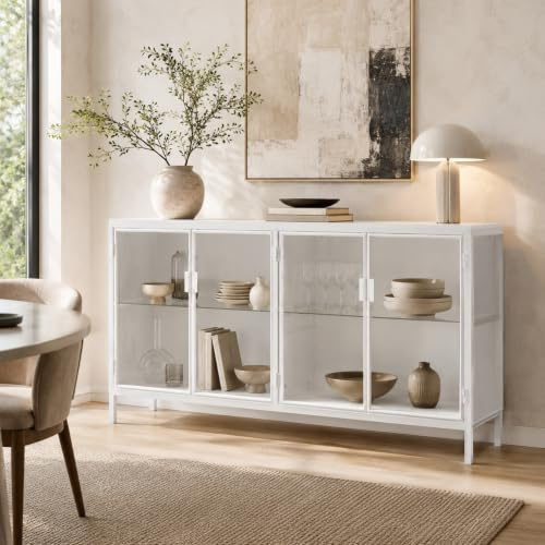Vitrine mit LED Beleuchtung und Glastüren, Vitrinenschrank Glasvitrine Vitrine Sideboard, Glasschrank,2-türiges Glas-Sideboard mit Eisenrahmen, 140 x 40 x 75 CM, 2-Lagen Glasvitrine Staubdicht