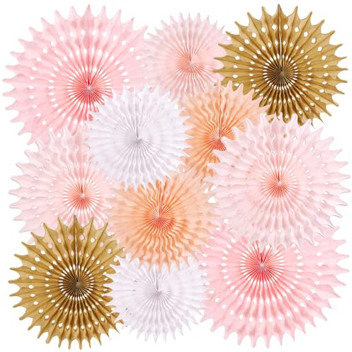 Sunbeauty 11PCS Paper Fans Decorations Boho Hanging Decor Pink and Beige Party Decorations Pastel Birthday Decor for Wall Backdrop Wedding Bridal Spring Decor