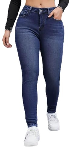 Dam hög elasticitet fleece fodrad tjock denim jeans, vinter varm fleece jeggings stretch skinny jeans slim fit byxor, Blå A, S