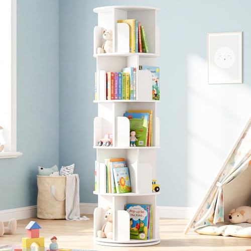 Rotating Bookshelf,360°Spinning Bookshelf,5 Tier Kids Book Shelf Free Standing,Round Revolving Bookcase Storage with Baffle,Childrens Bookcase,Corner Storage Organizer for Bedroom,Living Room,White