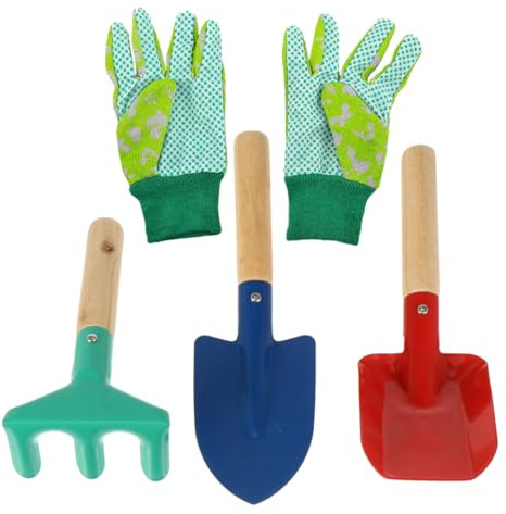 LALADEFIEE Juego de Herramientas de Jardinería para 4 Piezas Pala Puntiaguda Pala Cuadrada Rastrillo y Guantes Mango de Madera Lisa Color Aleatorio Juguetes para Jardín Color Aleatorio