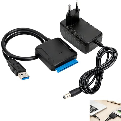 Adaptador USB 3.0 a SATA, Cable SATA a USB 3.0, Convertidor para HDD/SSD de 2.5” y 3.5” con UASP, Velocidades de Transferencia Rápidas, Fuente de Alimentación 12V/2A para Discos Duros Externos