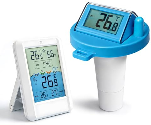 Solar Funk Pool Thermometer Schwimmend – Digitaler Wassertemperaturmesser mit Innen-/Außenfühler für Schwimmbad, Whirlpool, Teich & Aquarium (Batterien nicht enthalten)