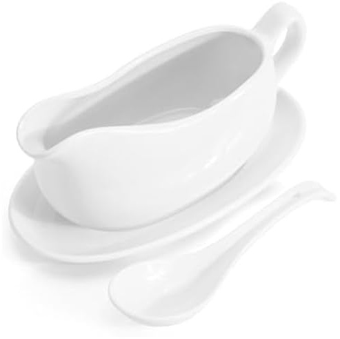 Gravy Boat - 200ml Ceramic Gravy Boat Set with Depth Spoon & Saucer, Drip-Free Spout for Sauces Salad Dressings Thanksgiving