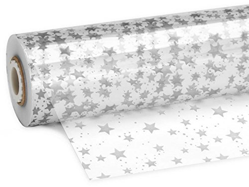 Weinkarton24 Klarsichtfolie Sterne Silber 70 cm x 100 m, Geschenkfolie, Stärke 28µ