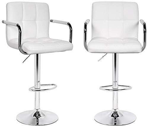 BAKAJI Set 2 Sgabelli da Bar Cucina Seduta e Schienale in Ecopelle Similpelle Base in Metallo Cromato con Poggiapiedi e Braccioli Sgabello Design Moderno Girevole Altezza Regolabile (Bianco)