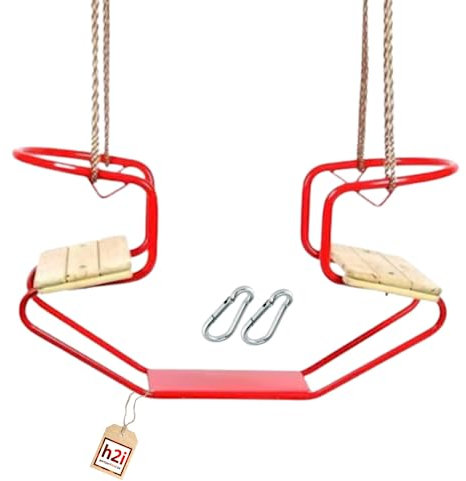 h2i Doppelschaukel aus Metall | Gondelschaukel mit Zwei Holzsitzen & verstellbaren Seilen | Schiffschaukel inkl. Karabiner | Kinder-Schaukel für Outdoor | rot