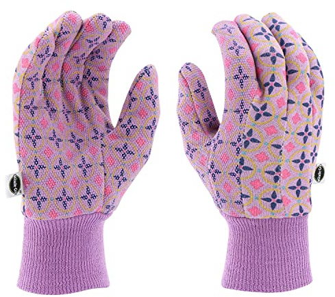 Miracle Gro Women's Printed Jersey Dotted Palm Garden Work Gloves, Light Weight Shell, Elastic Knit Wrist, Excellent Grip, Pink/Purple, Medium, (MG65757/WML)