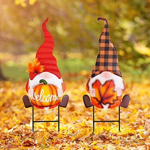 Whaline 2 Pack Fall Gnomes Garden Stakes 3D Gnome Pumpkin Maple Leaf Yard Stake Large Rustic Fall Lawn Sign for Autumn Thanksgiving Home Garden Yard Lawn Patio Backyard Walkway Decorations
