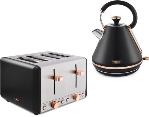 Tower Cavaletto Black & Rose Gold 1.7L 3KW Pyramid Kettle & 4 Slice 1800W Toaster. Contemporary Matching Kettle & 4 Slice Toaster Set in Black & Rose Gold