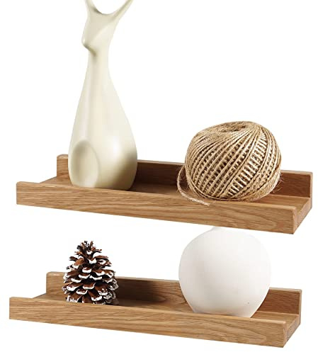 Recogwood Wooden Shelves- 2pcs 30cm Floating Shelf Wall Mounted, Solid Oak Wood Wall Shelves, Wooden Picture Ledge Shelves for Bedroom, Bathroom, Living Room, Kitchen, Home Office, Laundry room