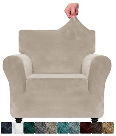 XINEAGE Samt Sofaüberzug 1 Sitzer,Stretch Sofa überzug für Wohnzimmer, Dicke Weiche Sofaüberwurf, Rutschfester Sofa Cover für Hunde, Haustiere (1 Sitzer, Khaki)