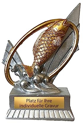 Angler Pokal 12 cm Trophäe - Fisch Award Resinfigur Silber Gold Graviert | Hochwertige Angeltrophäe aus Resin für Angelwettkämpfe, Turniere und Vereinsfeiern, inklusive individueller Sockelgravur.