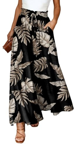 Dokotoo Stylish Wide Leg Pants for Women Ladies Fall Outfits Fashion Loose Casual High Drawstring Waist Leaf Print Palazzo Pants Jogging Jogger with Side Pockets Black M