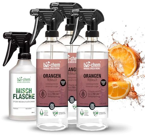 Bio-Chem - Detergente universale con estratti di buccia d'arancia 3 x 750 mL + Bottiglia di miscelazione - Spray per la cura della casa - Prodotti per la pulizia di cucine, bagni, pavimenti e divani