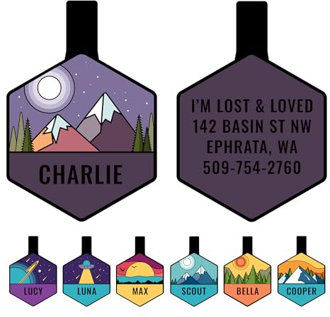 GoTags Silent Dog Tag, Personalized Engraved Hexagon Silicone Dog and Cat Name Pet ID Tags, Soundless No More Jingling Dog Tags (Mountain Purple)