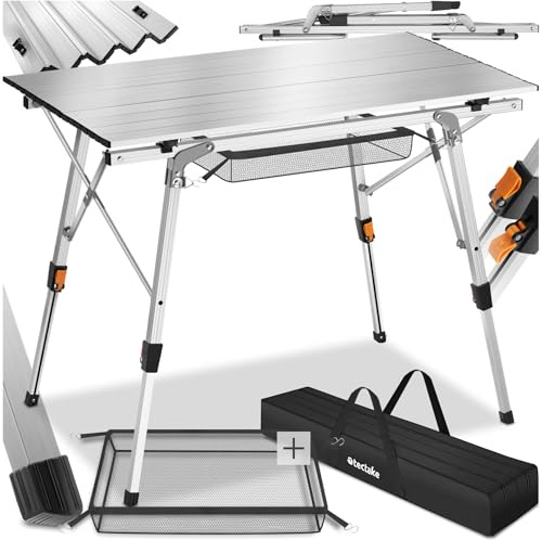 tectake® Tavolo da Esterno 90x52x47-70 cm, Tavolo Pieghevole, Struttura in Alluminio, Rete portaoggetti, Borsa da Trasporto e Maniglia, Gambe Regolabili, per Spiaggia, Campeggio, Giardino - Argento