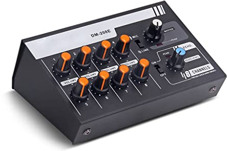 DLOETT DM-208E Mini Audio Mixer Portable Switchable Stereo 4 & Mono 8 Channels Microphone Dj Controller