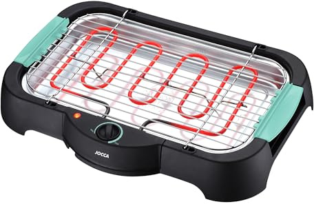 Jocca - Barbacoa Eléctrica Sobremesa | Grill sin Humo para Interiores | Plancha de Asar 2000W | Bandeja Extraíble | Asas Anti-Quemaduras | Fácil Limpieza