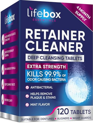 Lifebox Essentials Retainer Cleaner Tablets - 120 Denture Cleaning Tablets & Aligner Cleaner - Removes Odors & Stains – For Aligners, Retainers, Dentures, Night Guards - Mint Flavor
