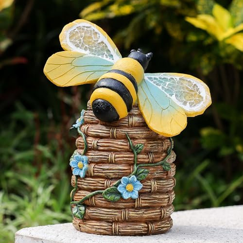 Yiosax Statue de jardin en forme d'abeille solaire pour extérieur – Figurine bourdon avec lumière solaire pour terrasse, balcon, cour, pelouse, cadeau parfait