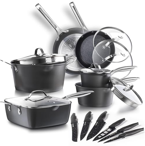 Galería del Coleccionista Batería de Cocina ARMOR MAX 20 Piezas, Ultra-resistente: no se raya ni abolla ¡y es apta para el horno! Super-antiadherente: no se pega nada nunca. Incluye Set de Cuchillos