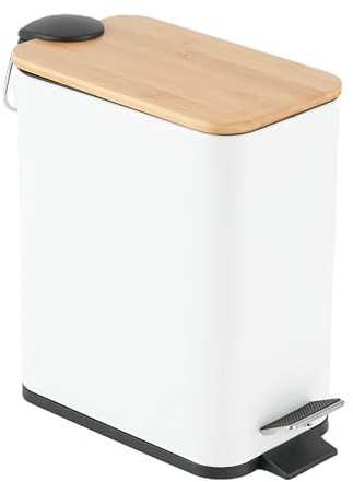 HOMION Cubo de basura con pedales para baño, 5 L, delgado, rectangular, extraíble, fácil de limpiar, acero inoxidable de 5 litros (blanco con tapa de bambú)