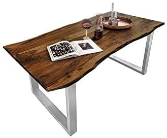 SAM B-Ware Esstisch 180x90 cm Mundra, Baumkantentisch aus Akazienholz, massiv + nussbaumfarben, U-Metallgestell Silber, Esszimmertisch mit echter Baumkante