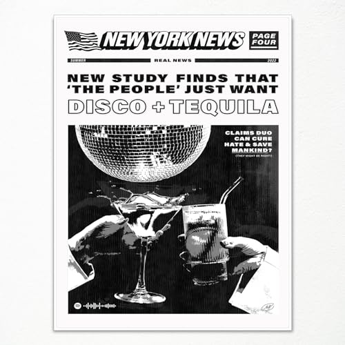 GAINOW Vintage Disco Schlagzeilen Poster, lustige Schwarz-Weiß-New-York-News-Leinwandkunst, Humor-Zitate, Poster, trendige Retro-Musik-Wanddekoration für Wohnzimmer, Barwagen 30x40cm ungerahmt