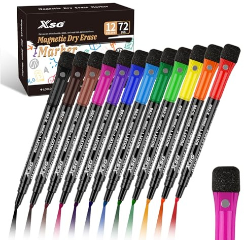 ABEIER Rotuladores para pizarra blanca (72 unidades), 12 colores con esponja, rotuladores magnéticos para pizarra blanca, punta redonda de 1 – 2 mm, ideal para el hogar, escuela, oficina