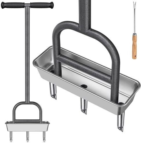 Dolibest Aireador de núcleo de césped, herramienta manual de aireación de césped con bandeja de almacenamiento de núcleo de suelo de acero inoxidable, 3 herramientas de aireación de acero inoxidable,