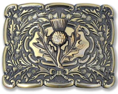 Kilt Emporium Piper Scottish Thistle Badge Kilt Belt Buckle for Men Traditional Highland Piper Accessory Rust-Free Solid Brass (Thistle-Piper-Brass-Antique)
