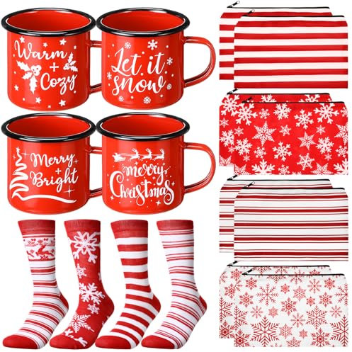 Baderke 4-teiliges Set mit Weihnachtsgeschenken, Emaille-Tassen, 4 x Make-up-Taschen und 4 x Weihnachtsmann-Socken, Weihnachtssocken für Familie, Frauen, Freunde (rot)