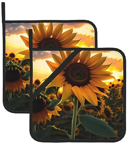 WHJYYXDE Set di 2 presine da 20,3 x 20,3 cm, isolamento resistente e antiscottatura, tessuto impermeabile, motivo fattoria rossa con girasole