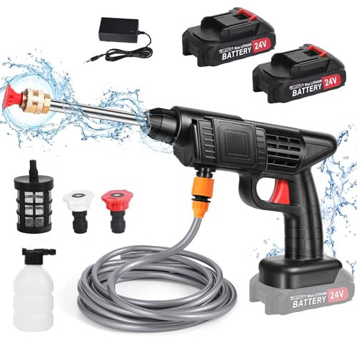 Limpiador de alta presión inalámbrico, limpiador de alta presión sobre 2 baterías, 240 L/h pistola de agua de alta presión, limpiador de alta presión con cargador y manguera de 5 m, para limpieza y