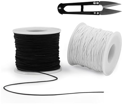 2 Rouleaux de Ficelle Elastique, 1 mm x 100 m Fil Rouleau de Cordon Elastique avec Ciseaux pour Fabrication Perles Bijoux Collier