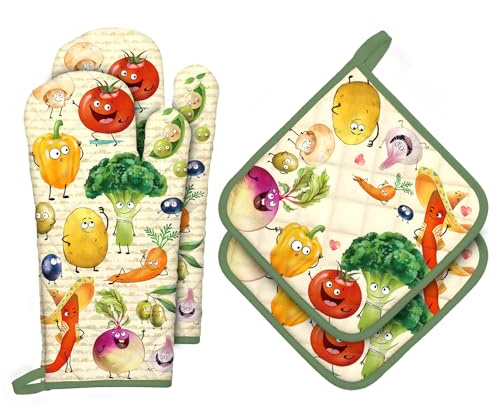 Arquiel Guanti Da Forno Presina Set Di 4, 100% Cotone Addensare Guanti Da Forno A Microonde, Presine Da Cucina Morbida Resistenti Al Calore Per Arrostire, Cuocere(Verdure Interessanti)